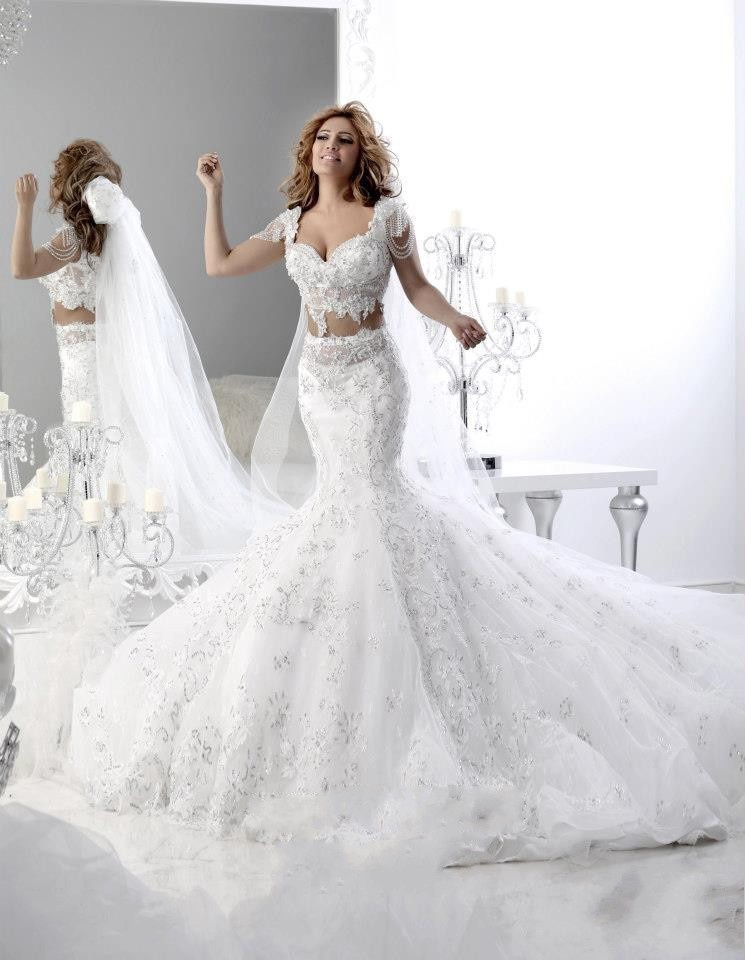 Cap Sleeves Crystal Bridal Wedding Gown Two Pieces Lace Wedding Dress W1613