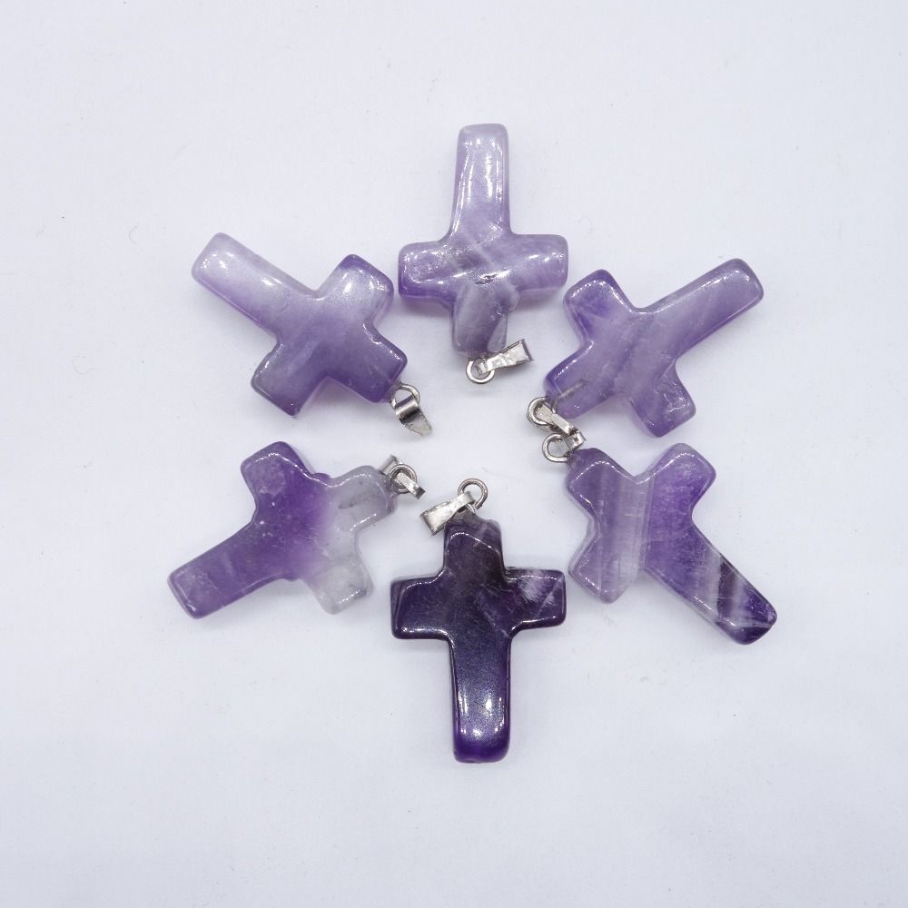 Natural Gemstone Aemthyst Crystal Cross Charms Pendants