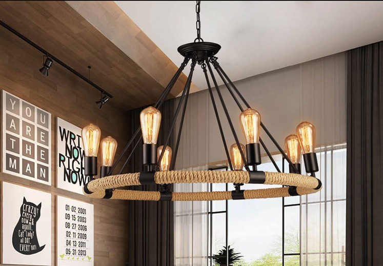 American Country Style Loft Retro Hemp Rope Pendant Lamp with 8 Lights