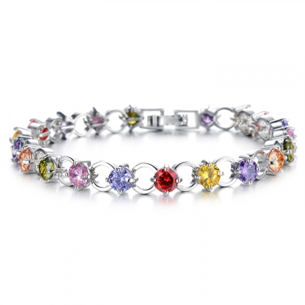 Ladies 925 Silver Bangle Colored Stones Round Crystal Diamond Bracelet