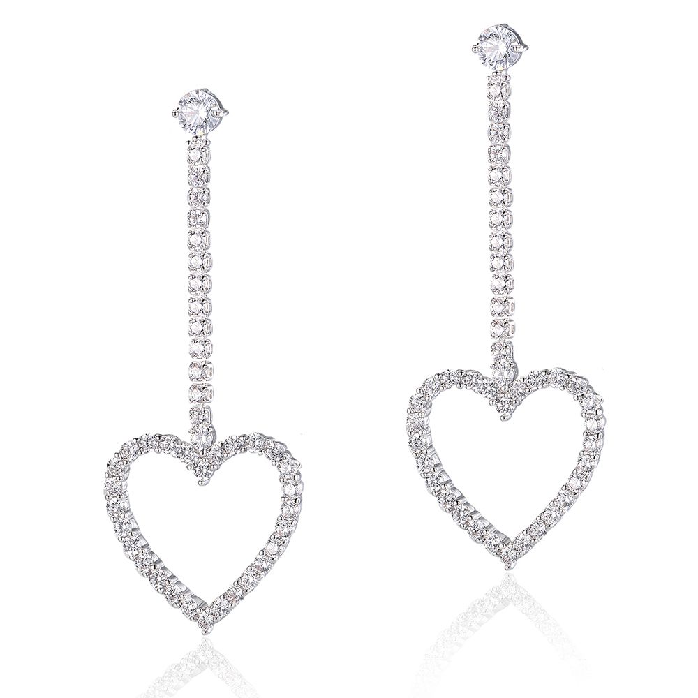 Long Drop White Gold Plated Crystal Heart Pendant Earring