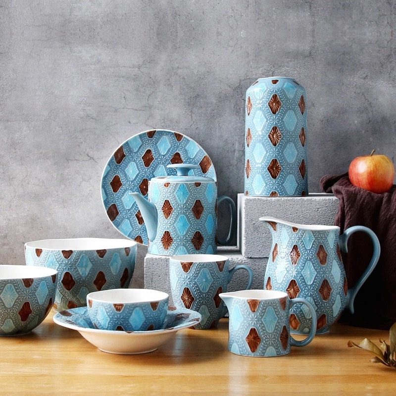 Hand Craft Sculpted Relief Reactive Dinner Set Mediterranean