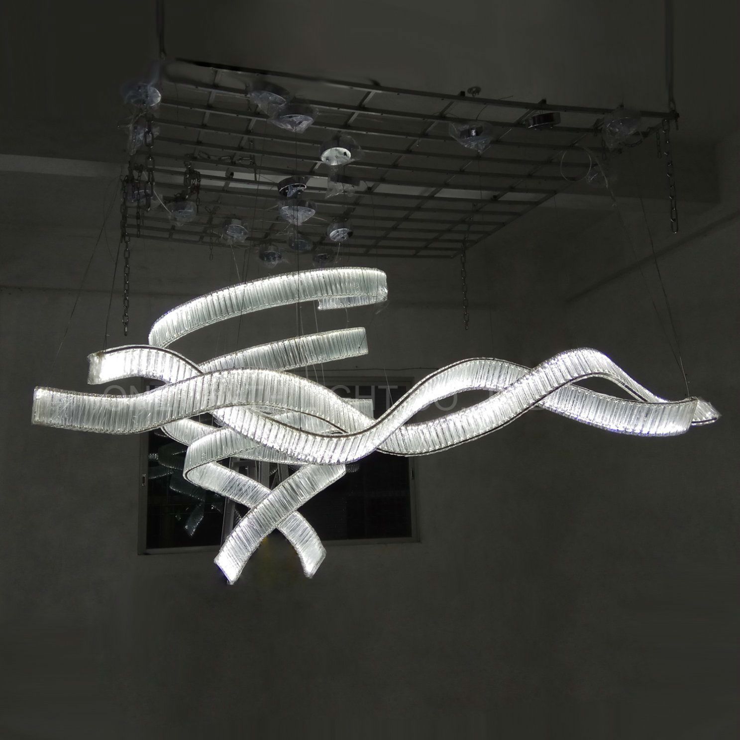 Bespoke Rotated LED Strip Baguette Crystal Chandelier for Project Hotel Lobby