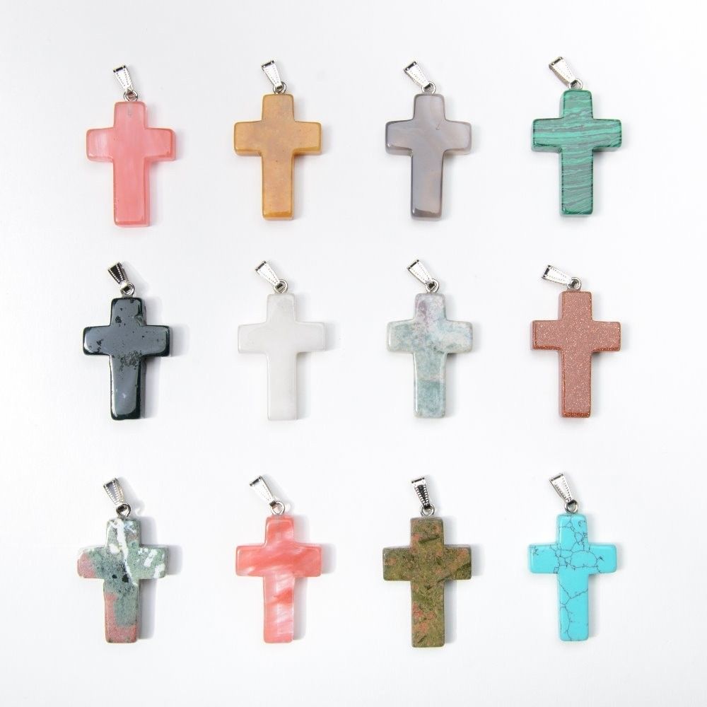 Natural Gemstone Agate Chain Necklace Cross Pendants Suspension