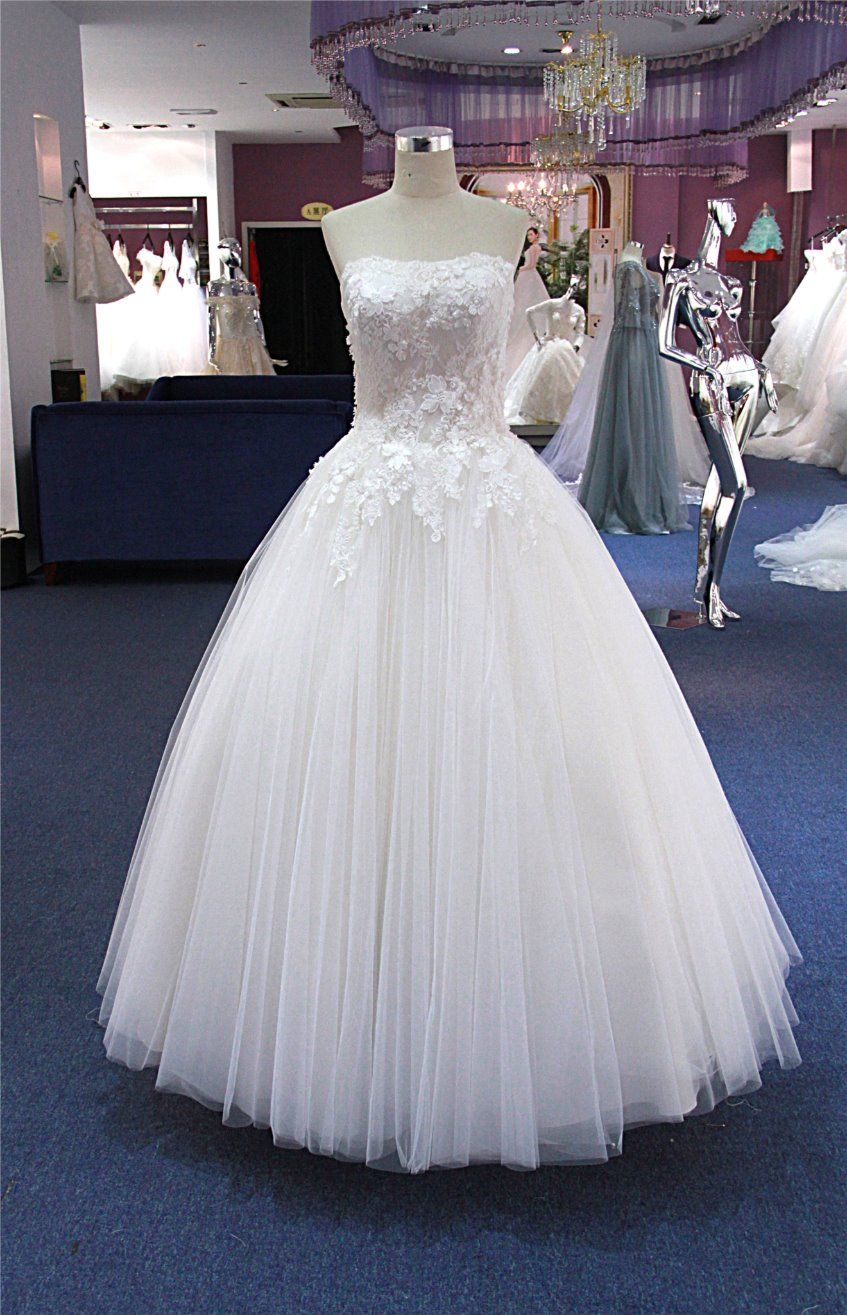 Strapless Lace Floor Length Bridal Dress Wedding Gown (Q90368)
