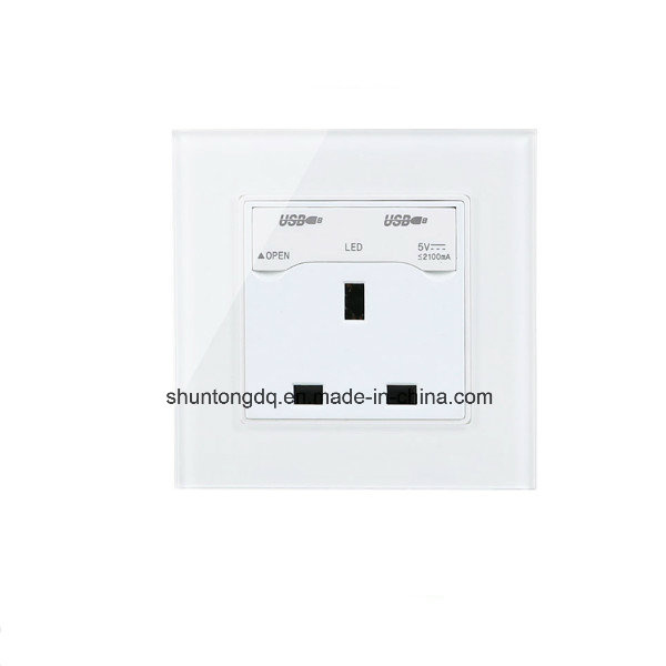 13A UK Switched Socket Crystal Tempered Glass Double USB Outlet 5V2a Switch and 13A UK Socket