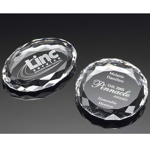 Faceted Circle Oval Ellipse Crystal Paperweight