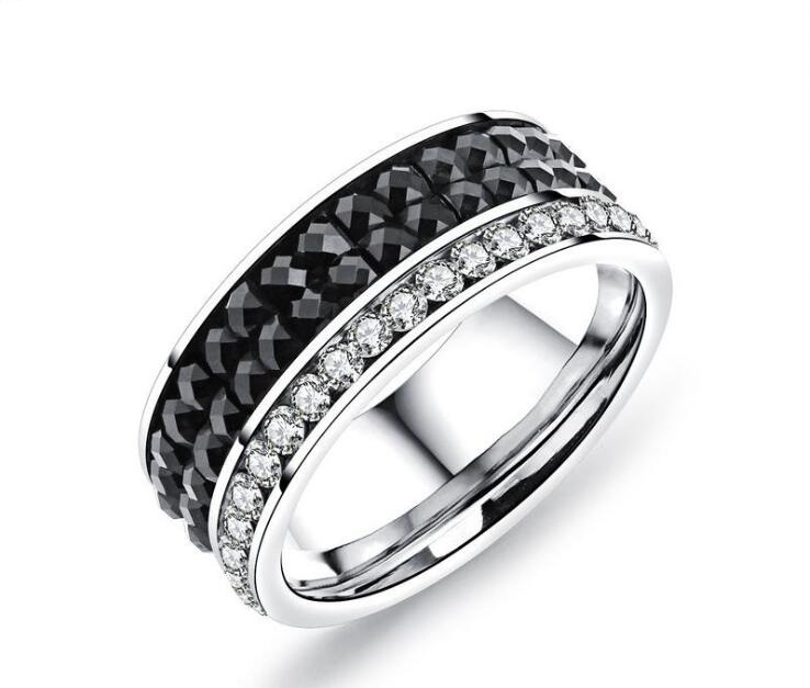 Gorgeous Titanium Steel Black/White 3 Rows Cubic Zirconia Round Crystal Wedding Band Ring