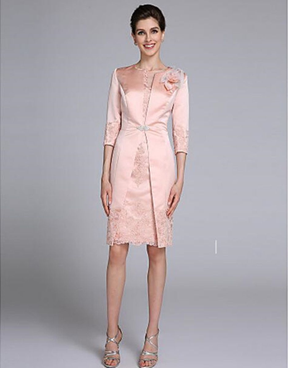 Elegant Satin Appliques 3/4 Length Sleeve Two-Pieces Bride Mother Dress (Dream-100048)