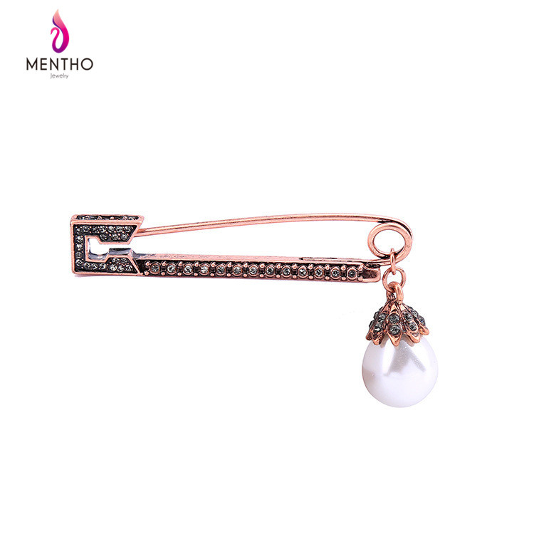 European and American Retro Inlaid Rhinestone Rose Gold Alloy Women's Brooch Pearl Pendant Jewelry