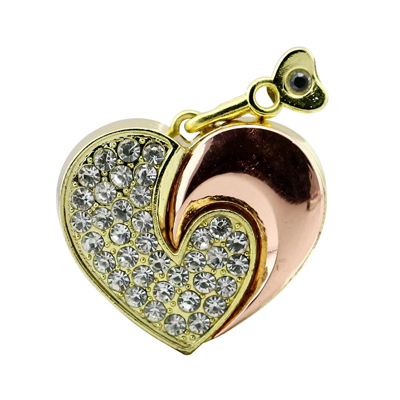 Crystal Heart Shape USB Thumb Drive Gold Color Christmas Gift