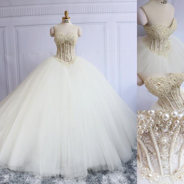 Strapless Party Prom Gowns Tulle Crystals Pearls Wedding Dress E17919