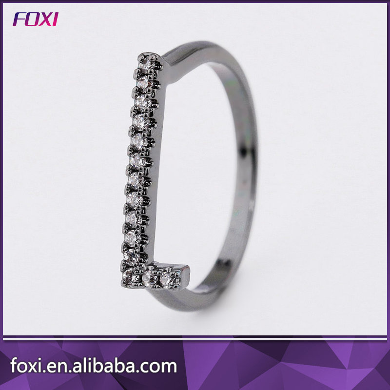 Dark Rhodium Plated Pave CZ Diamond Alphabet Letter L Ring