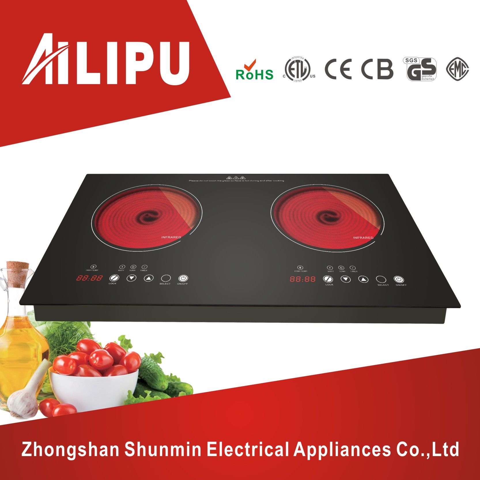 Metal Housing Two Plates in-Built Infrared Cooker/Ceramic Hob with Heater Heating Element