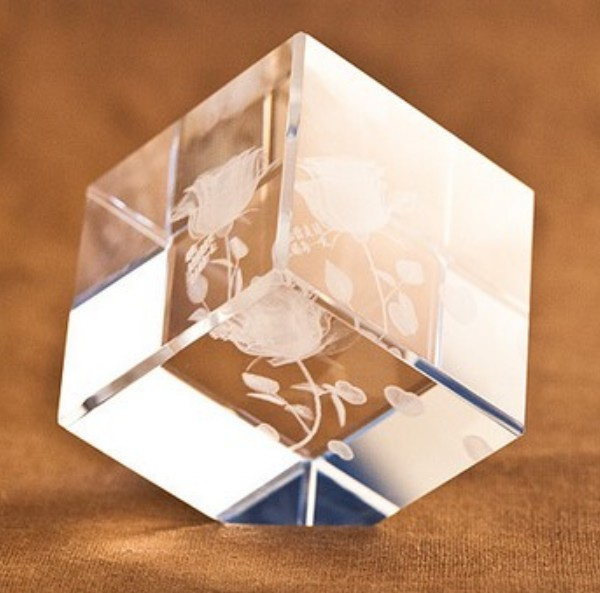 Top Grade K9 3D Engraving Crystal Rose Flower Cube