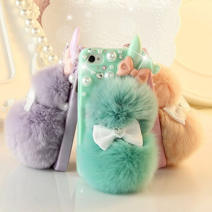 Luxury Genuine Rex Rabbit Hair Fur Hard PC Mobile Phone Case for iPhone6, 6plus with Glitter Crystal Cover for iPhone and Samsung