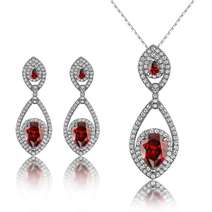 Ruby Cubic Zirconia Bridal Pendant Necklace Fashion Crystal Jewelry Set