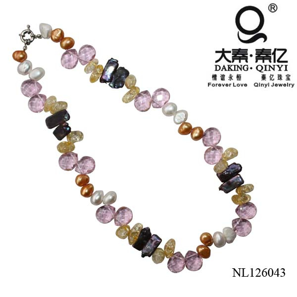 Colorful Biwa Pearl Necklace, Tear Drop Crystal Necklace, Frizzling Bead Necklace