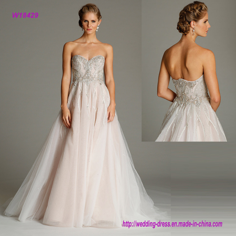 Encrusted Bead Natural Waist Bodice Rose Tulle Wedding Dress