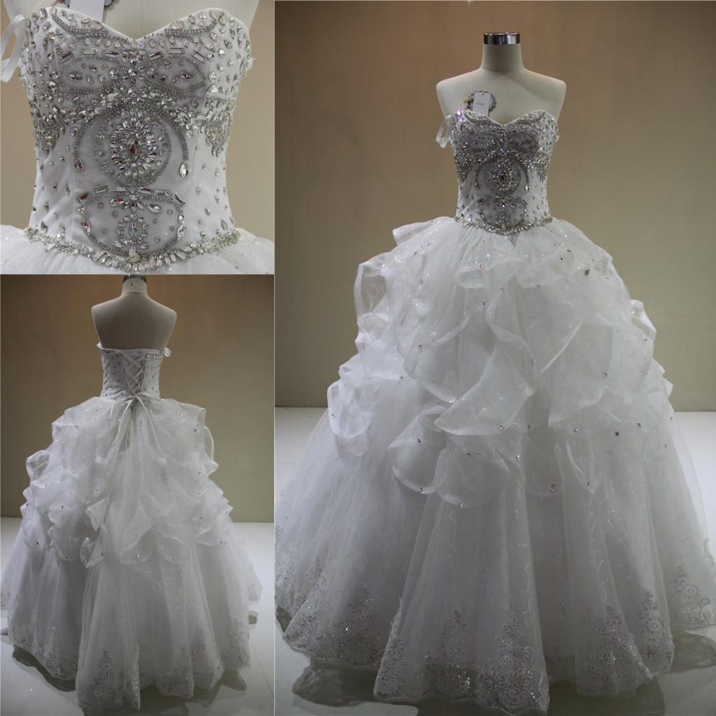 Heavy Beading Crystal Ruffled Ball Gown Bridal Wedding Dresses 2018