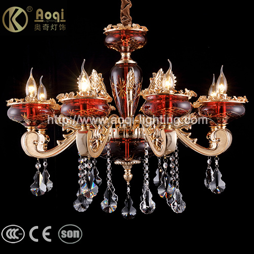 Golden Zinc Alloy Red Glass Crystal Chandelier Light