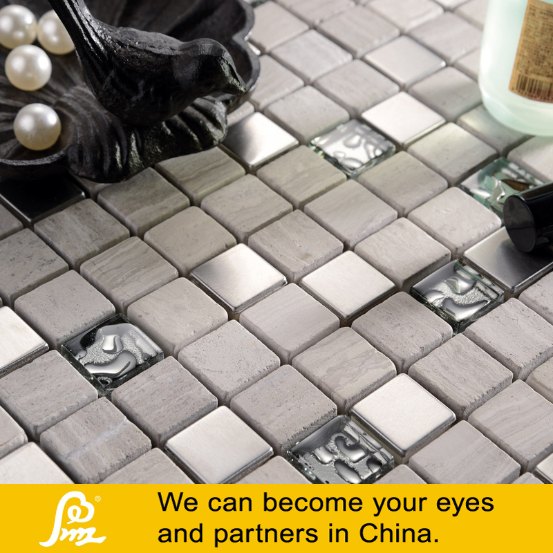 Hot Sale Silver Metal Mix Grey Stone Crytal Glass Mosaic