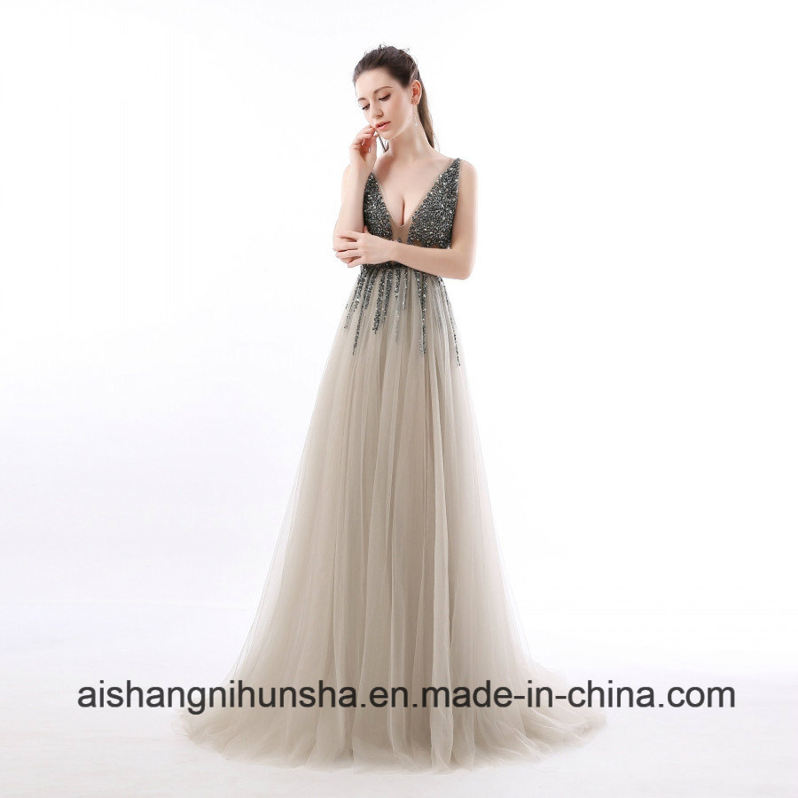 V Neck Backless Beads Crystal Party Gowns