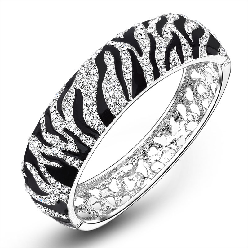 White Gold Plated Black Enamel Leopard Rhinestone Fashion Bangles