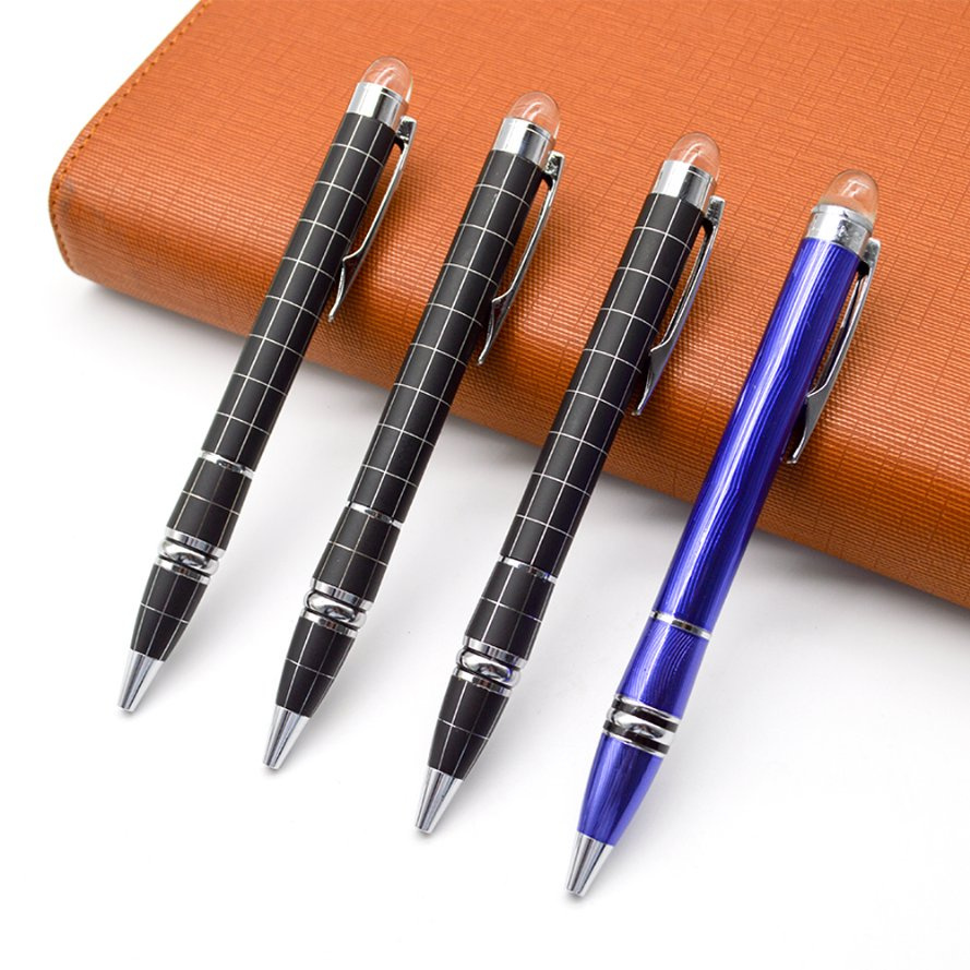 Black Grid Blue Metal Ball Pen with Crystal Welcome Customized Logo.