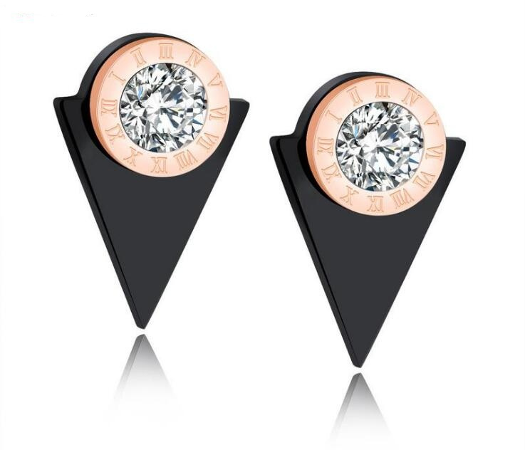 Black Triangle Stud Earrings for Women Metal Geometric Roman Letters AAA Cubic Zirconia Wedding Earrings for Brides Crystals