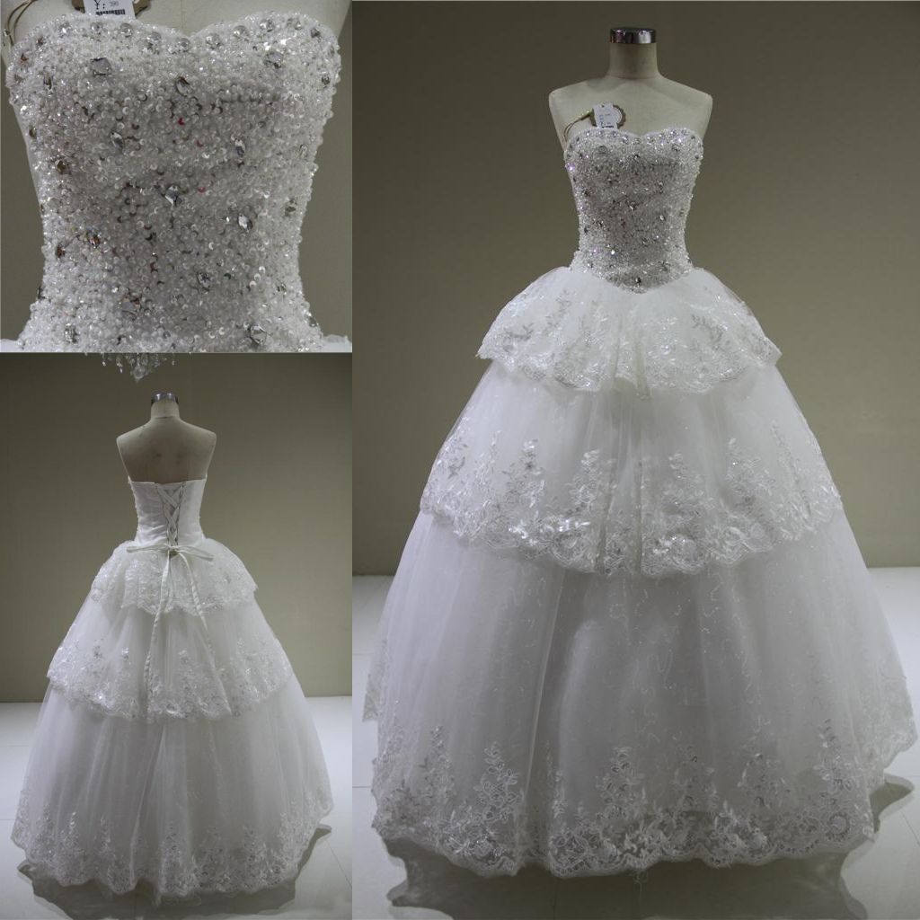 Custom Heavy Beading Crystals Sequins Tulle Ball Gown Wedding Dress