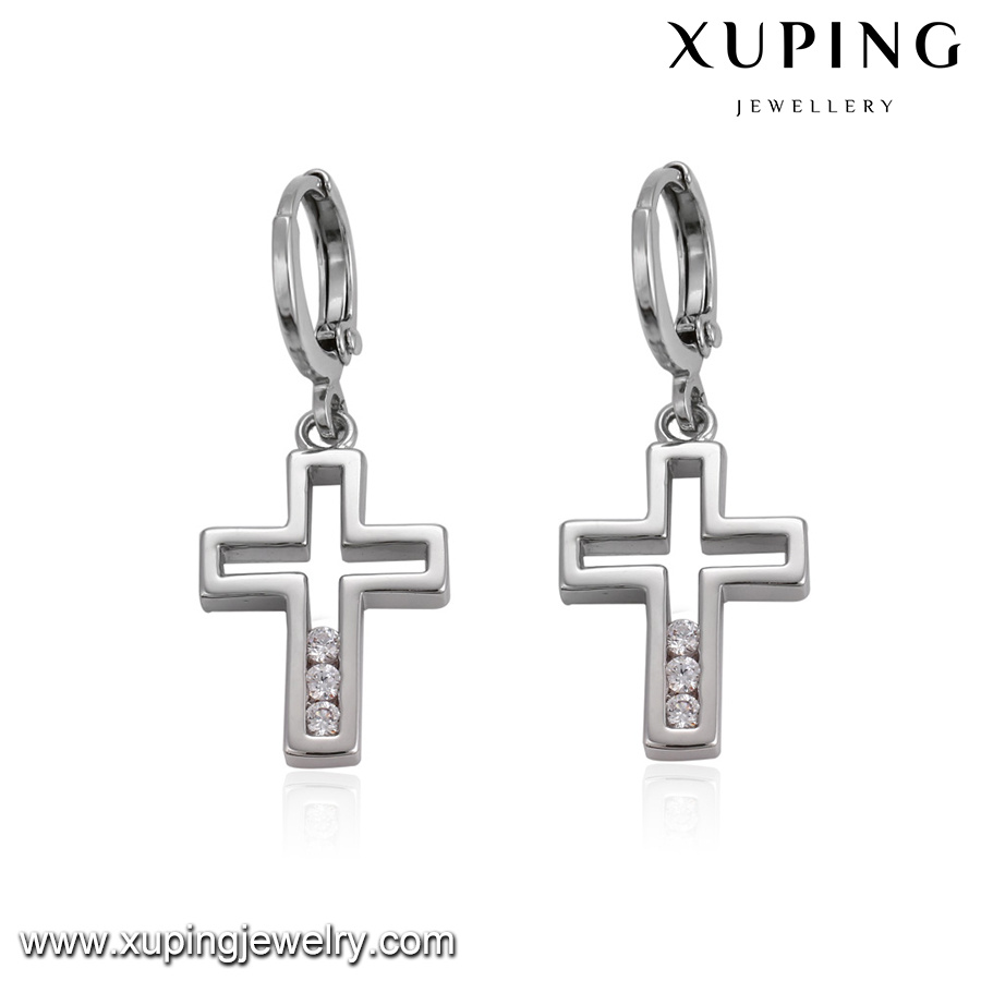 23361 Fashion Hot Sale Rhodium Plated Cubic Zirconia Cross Drop Earring