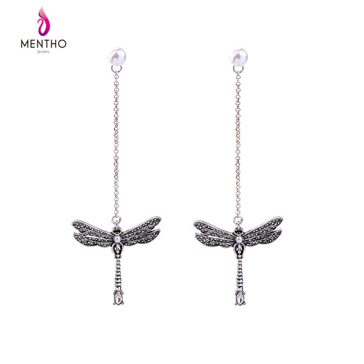 New Elegant Retro Rhinestone Studded Dragonfly Shape Long Alloy Earrings with Pearl