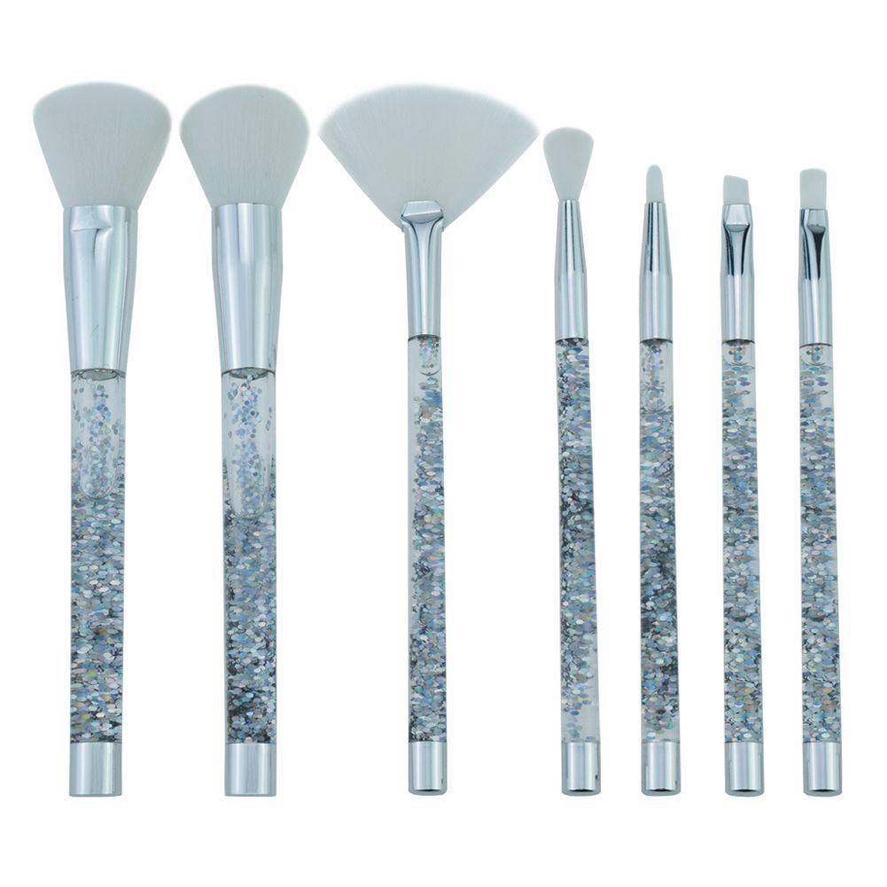 7PCS Shiny Crystal Liquid Quicksand Acrylic Handle Nylon Hair Makeup Tool Brush Set with Crystal Bag