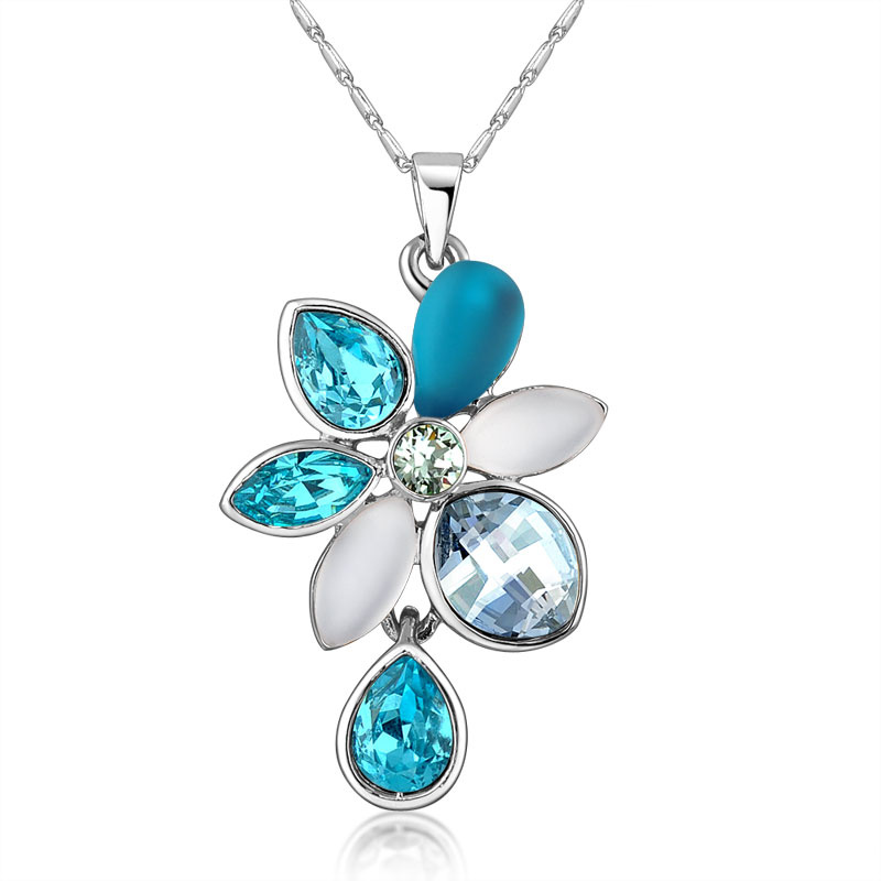 Flower Pendant Blue Crystal Gold Plating Chain Fashion Jewelry Necklace