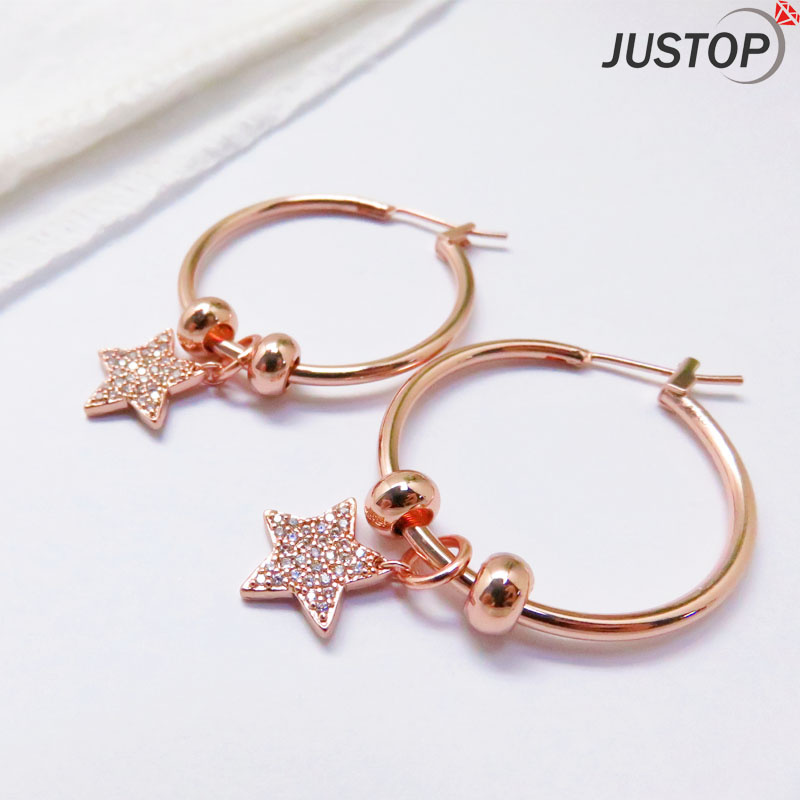 18K Rose Gold Plating Star Pendant White Diamond Crystal Earrings