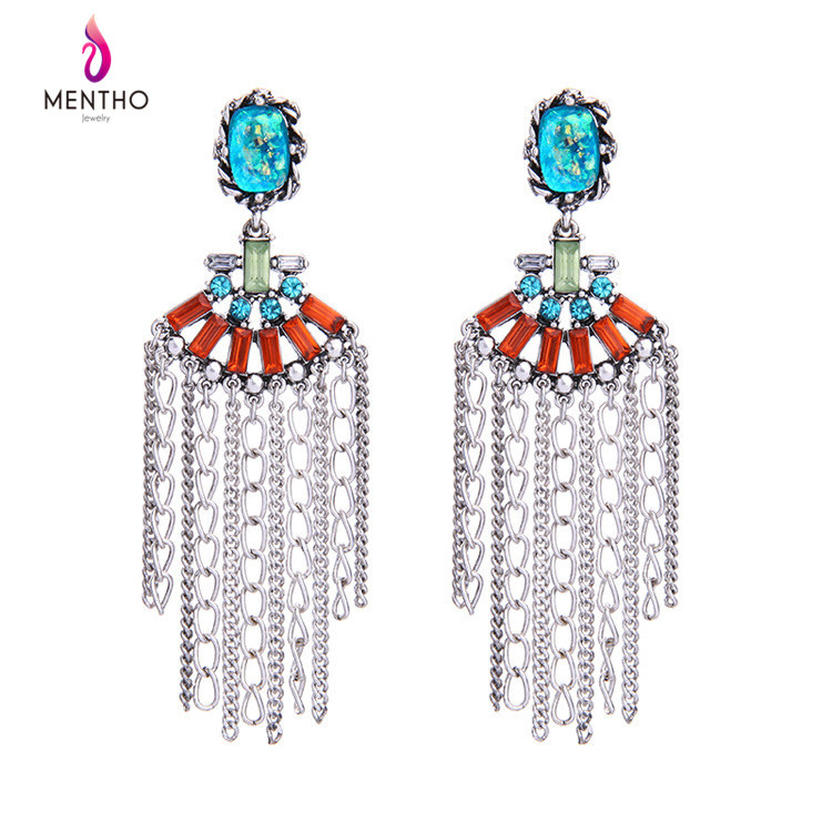 Bohemian Ethnic Elegant Personal Crystal Studded Alloy Chain Tassel Earrings