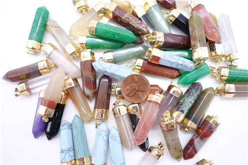 Natural Stone Mulit Color Gild Hexagonal Crystal Pillar Charms Pendants