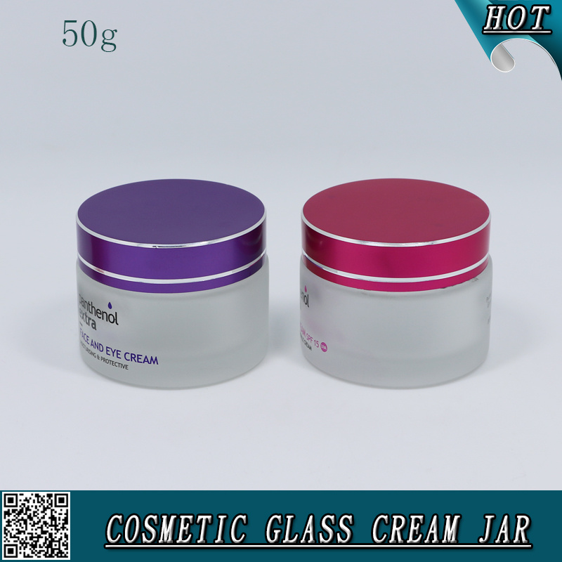 50ml Frosted Cosmetic Glass Facial Cream Jars with Colored Aluminum Lid