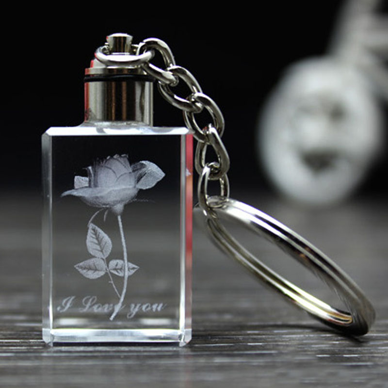 3D Laser Crystal Keychain LED Keyring with Rose Custom Logo