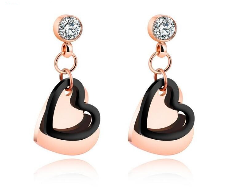Black & Rose Gold Color Stainless Steel Love Heart Zircon Crystal Drop Dangle Earrings for Women Elegant Jewelry