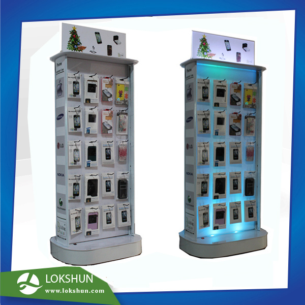 Durable 2-Sided Rotary Acrylic LED Display Rack Wooden Display Stand with Hooks for iPhone Accessories