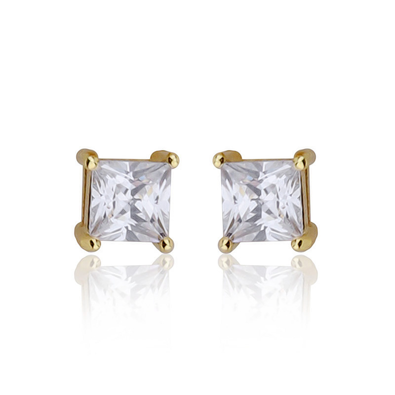 Gold Plated Classical Princess Cut AAA Cubic Zirconia Stud Earrings Available Size 3-10mm
