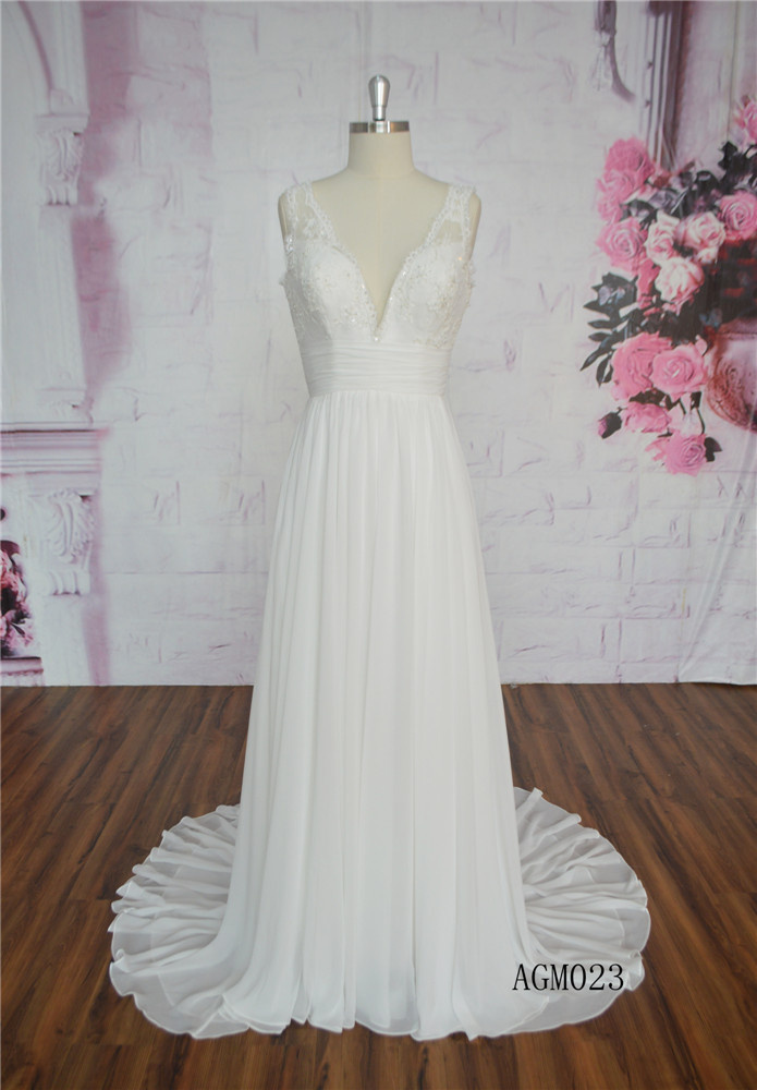 Shining Low Neckline Wedding Dress Chiffon