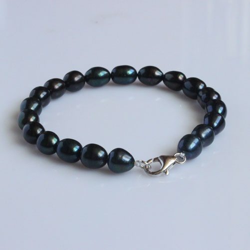 7-8mm Rice Shape Black Freshwater Pearl Bracelet (EB1554-1)