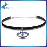 925 Sterling Silver & Black Braid Blue Crystal Evil Eye Necklace Choker
