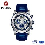 Stainless Steel Case Blue Genuine Leather Strap Man Quartz Watch