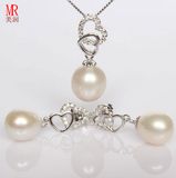 Heart Shape Silver Freshwater Pearl Pendant, Earrings Set
