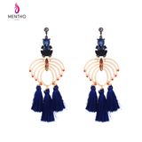 Elegant Crystal Studded Hollow Blue Tassel Alloy Long Women's Earrings