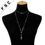 Fashion Zinc Alloy Gold Jewelry Crystal Diamond Cross Double Necklace